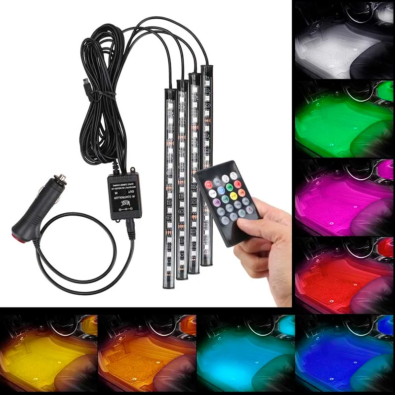 LED RGB-atmosfeer Strip Light 24/36/48 LED-draadloze afstandsbediening Voetlampen Auto Decoratieve Sfeer Lights Car Strips Lamp