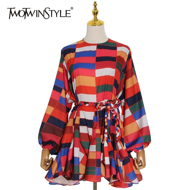 Hit Color Printed Dress for Women O Neck Lantern Sleeve Hög midja Lace Up Bowknot Mini Dresses Female Fashion 210520