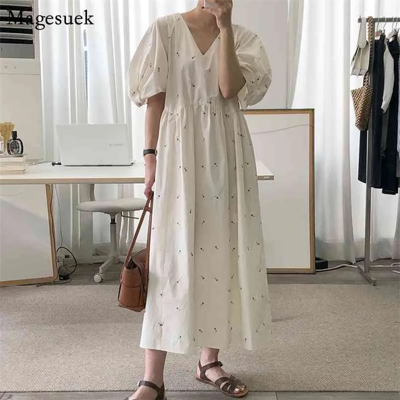 Vintage broderi blommiga kvinnor klänning sommar koreansk v-nacke lös plus storlek ES Casual Puff Sleeve Long Vestidos 13845 210512