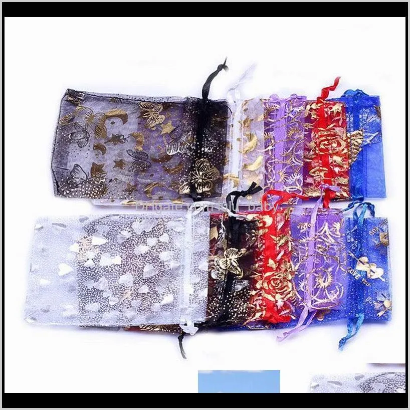 500pcs lovely patterns organza jewelry bags wedding voile gift bag drawstring jewelry packaging christmas gift pouch 9*12cm xfu2*500