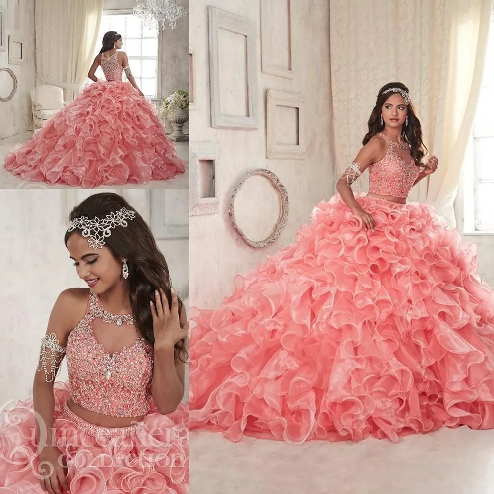 Bärade tvådelar korall quinceanera klänningar, organza tiered kjol ruffles, söt 16 prom bollklänning, olika färger storlekar