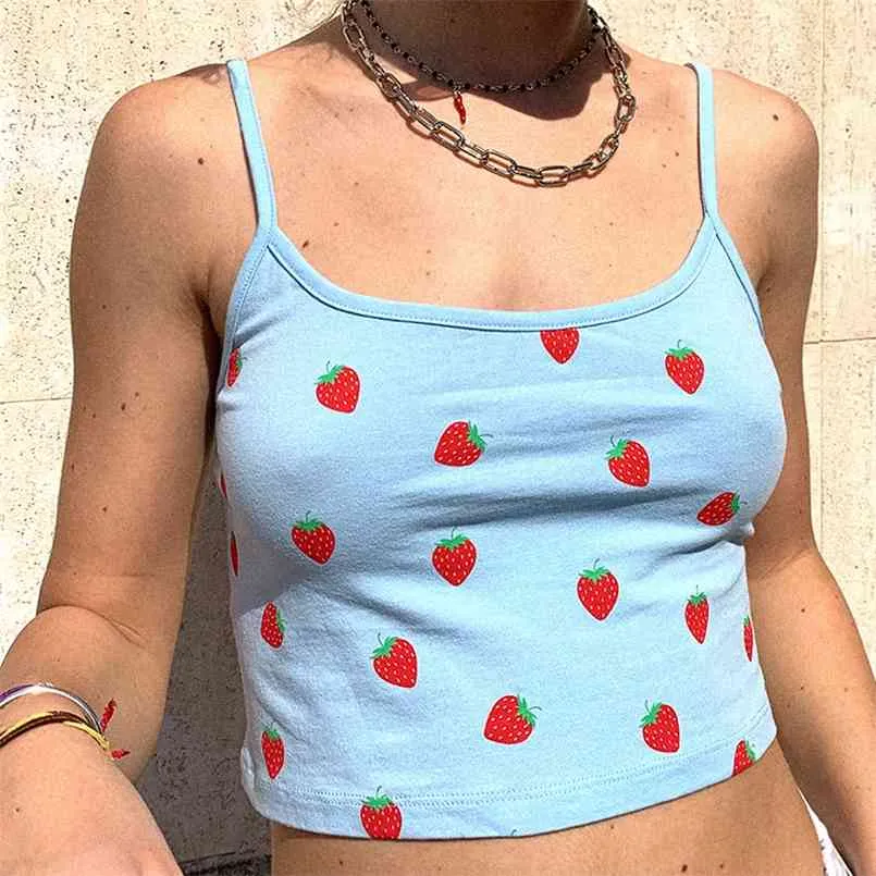 Sexy Navel Strawberry Print Strap Top donna Slim Basic Vest Bottoming Women's Summer Vintage sexy crop top Camis 210508