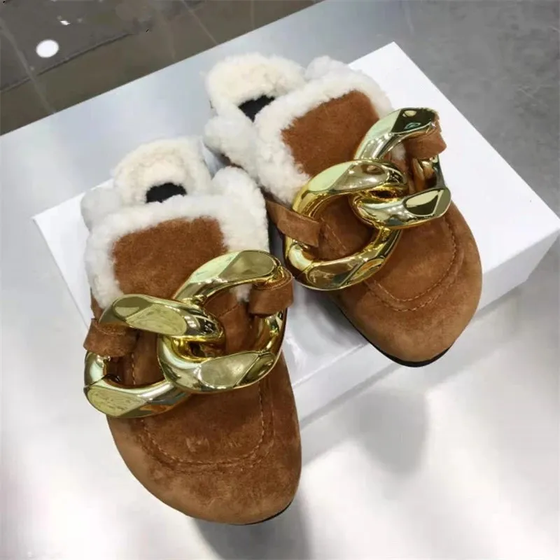 Autumn Chain Decorate Slippers Female Genuine Leather Fur Comfy Casual Flat Loafers Shoes Big Size Mules Shoe Women 2021