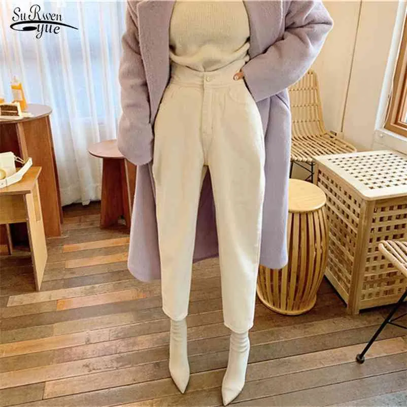 Pantalones vaqueros de cintura alta para mujer, pantalones bombachos holgados de tela vaquera blanca a la moda para mujer, ropa de calle recta con botones para otoño 10391 210510