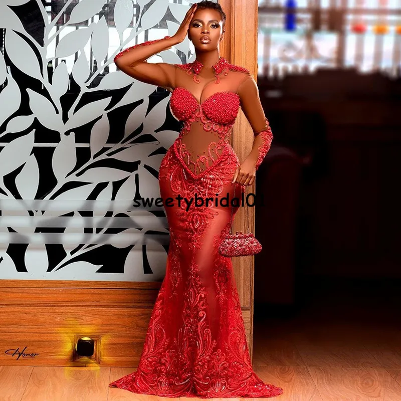 Ny röd prom klänning sjöjungfrun långärmad illusion kvällsklänning för kvinnor svart flicka tillfälle party klänningar