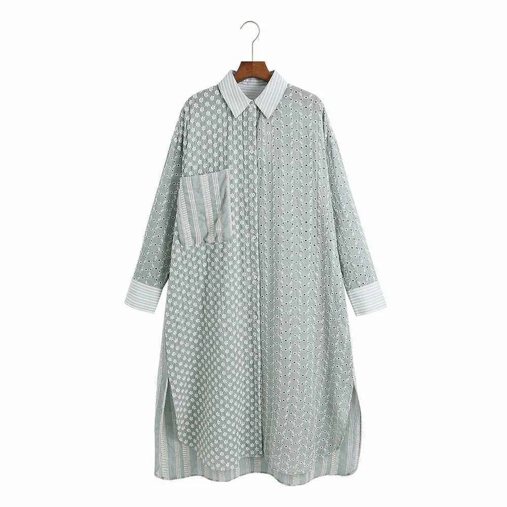 Stylish Women Wide Long Shirt Dress Summer Fashion Embroidery Patchwork Clothing 210602