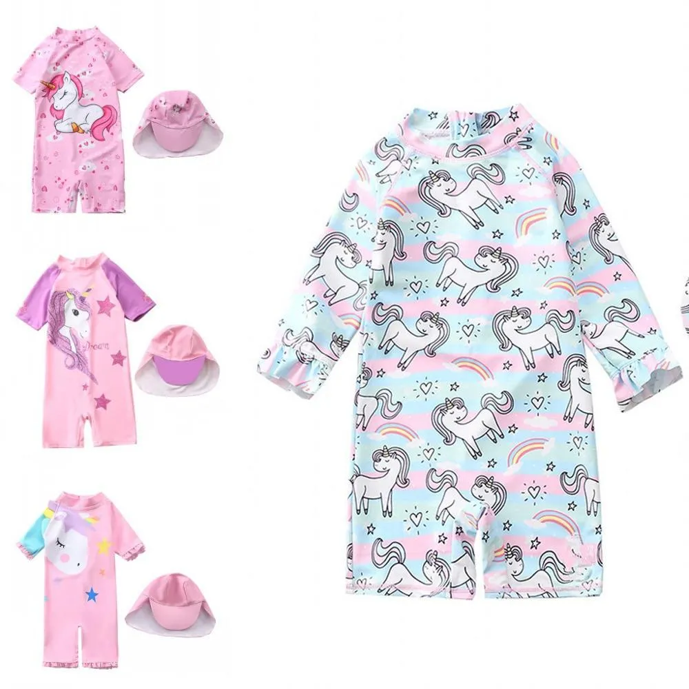 Maillot de bain licorne imprimé arc-en-ciel pour enfants, maillot de bain pour filles de 1 à 6 ans, ensemble avec bonnet