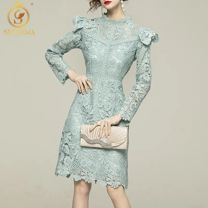 Lente luxe vrouwen stand kraag ruches kanten jurken sexy holle lange mouw vintage vestido da festa 210520