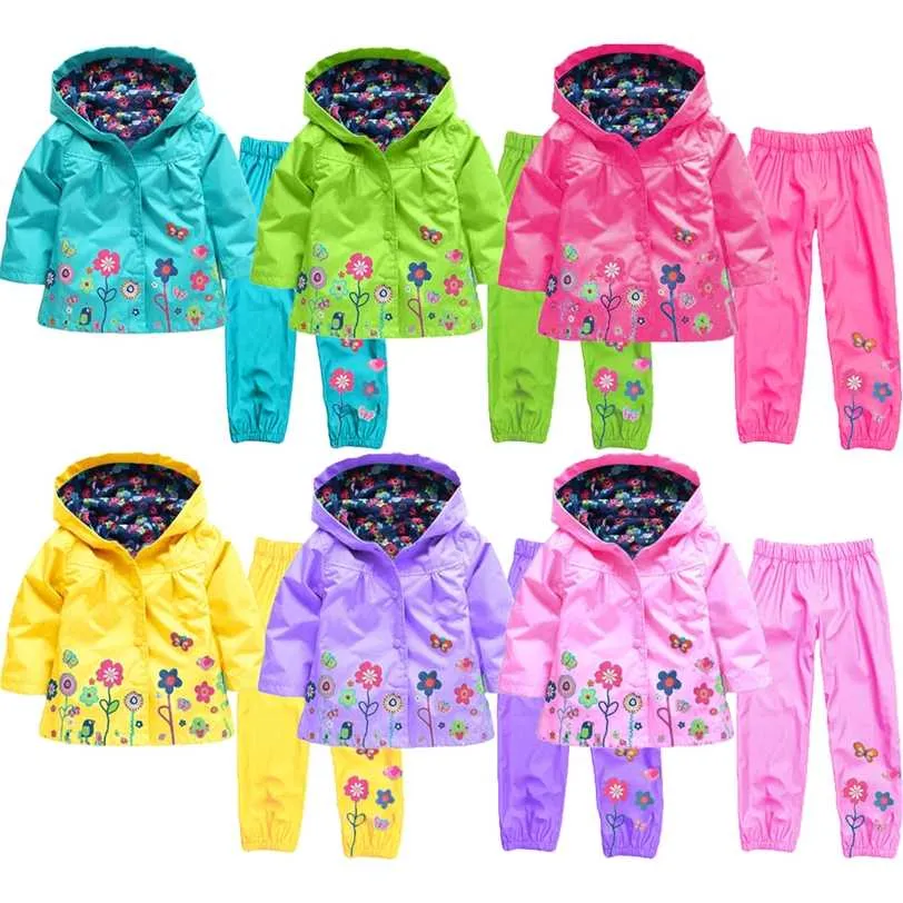Giyim Seti Sonbahar Çiçek Desen Çocuk Giyim Kız Setleri Yağmurluk + Pantolon 2 ADET Casual Suit Çocuk 211224