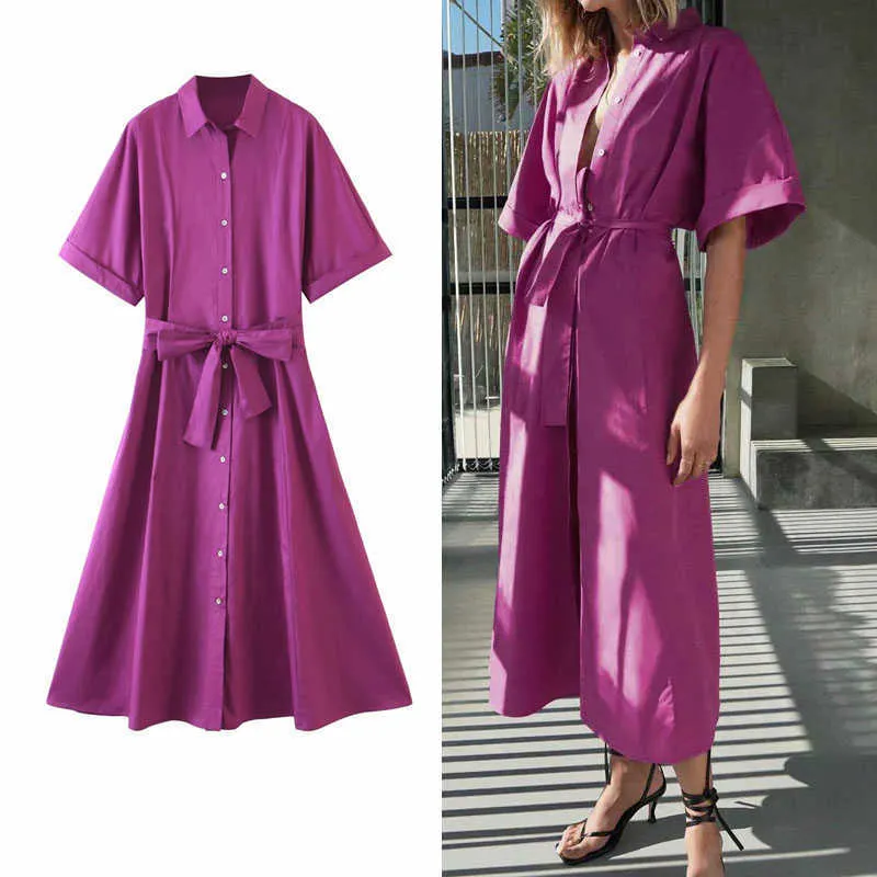 ZAの女性エレガントなMidiシャツのドレスネクタイのセルフベルトロングサマードレスラペルカラーフロントボタン女性ファッションオフィスウェアドレス210602