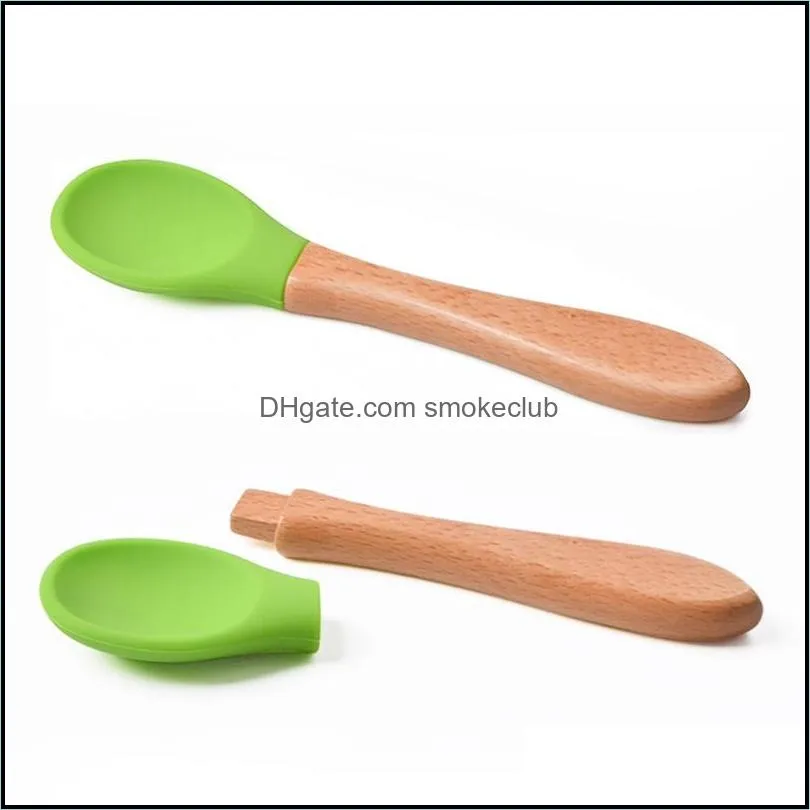 Baby Feeding Spoon Wooden Handle Silicone Spoon Baby Food Spoons Anti-Scald And Fall Resistance Training Spoons CCE4222