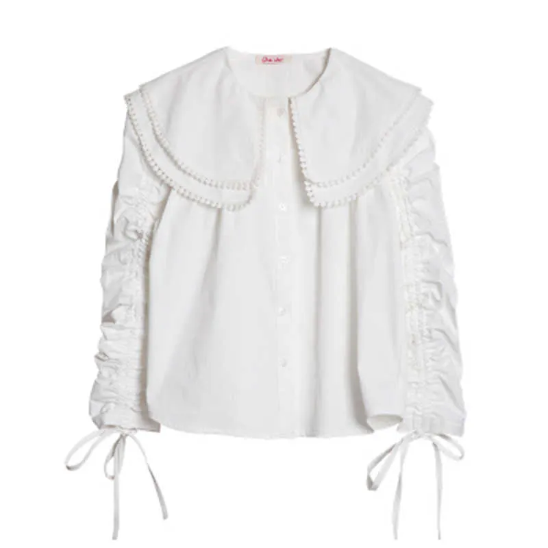 Tal vez U camisa blanca para mujer cuello Peter Pan fruncido cordón de un solo pecho manga larga blusa sólida camisa B0781 210529