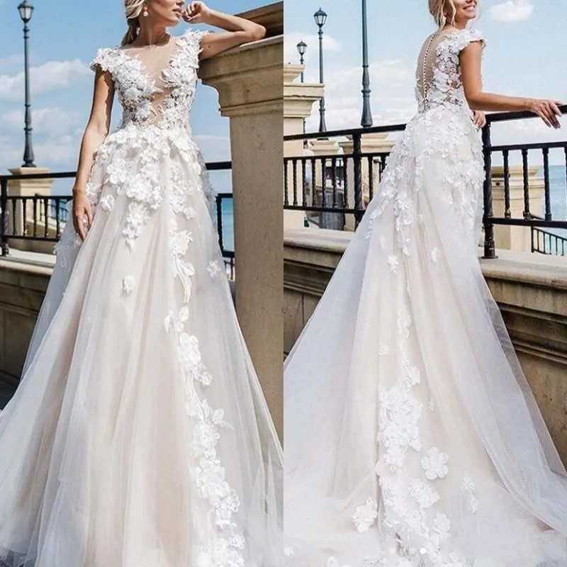 Gorgeous Appliques Lace Cap Sleeve Wedding Dresses Illusion Bodice Tulle A Line Garden Long Plus Size Bridal Gown