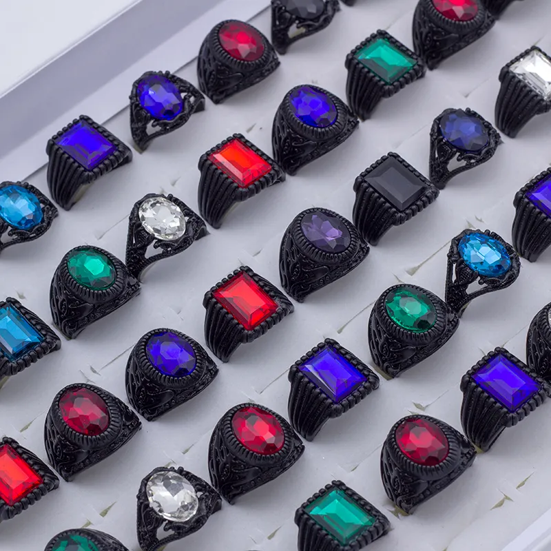 Groothandel Bulk Lot 20 stks Glas Edelsteen Metaal Zwart Niet Vervagen Sieraden Band Ringen Voor Mannen Vrouwen Mix Stijl