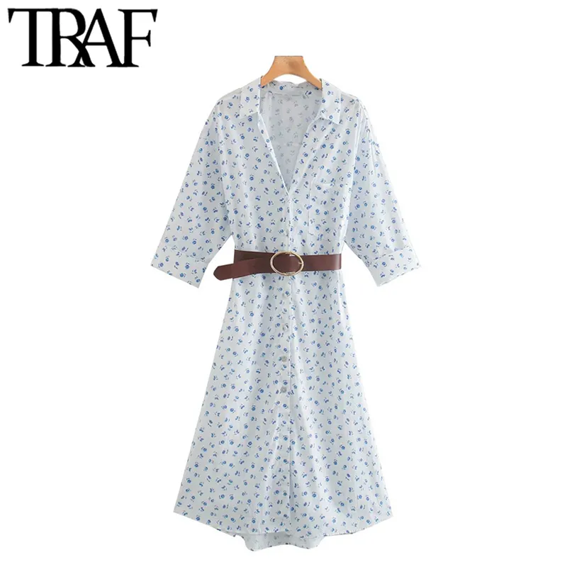 TRAF Women Chic Fashion With Belt Floral Print Midi Shirt Dress Vintage Three Quarter Sleeve Button-up Female Dresses 210415