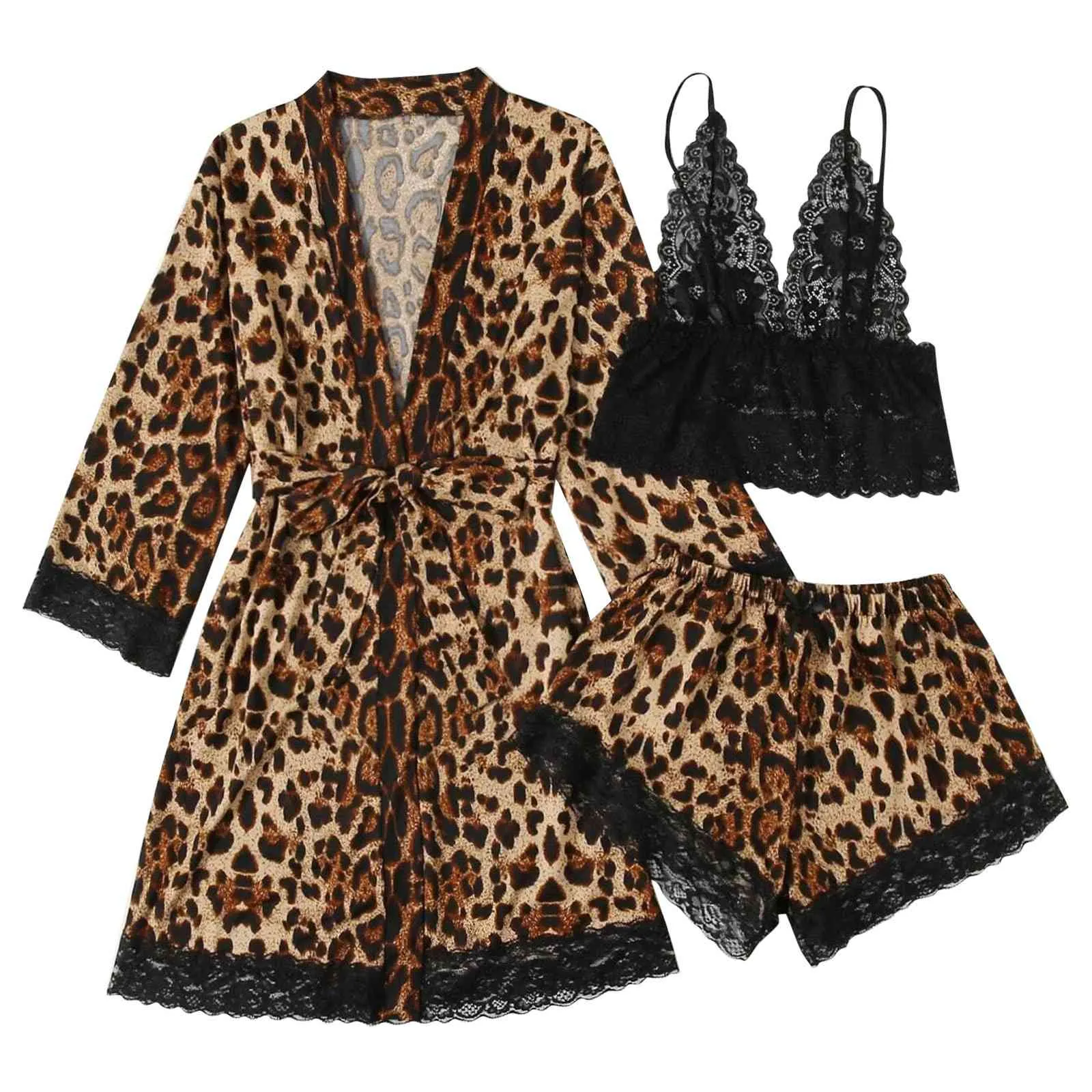 Leopard Printing Lace Sexiga Ladies Bralette Satin Silk Kvinnor Nightdrlingerie Robes Underkläder Sexiga Sleepwear För Kvinnor 1126 x0526