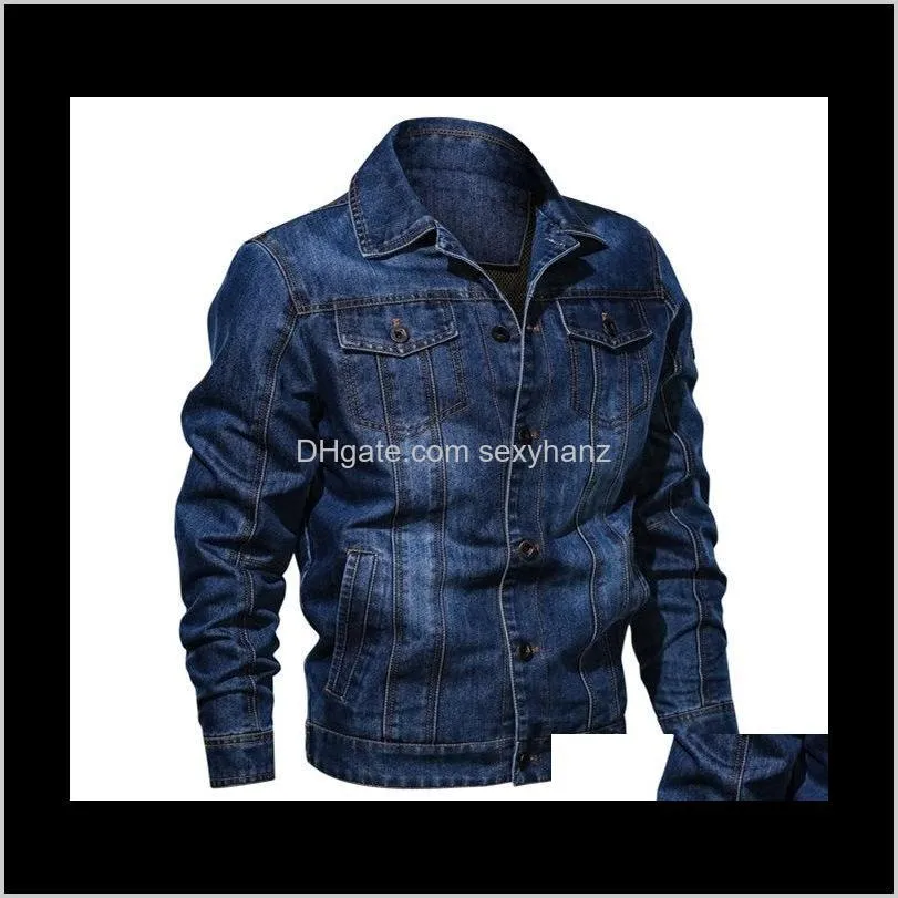 casual men`s denim jacket large size washed buttons multi pocket pocket lapel jacket long sleeve solid color autumn