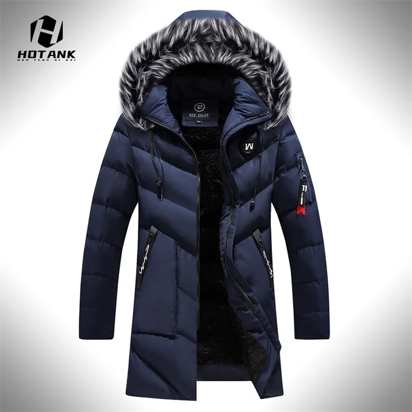 Vinter Mid Length Jacka Parkas Mens Warm Tjockad Coats Koreansk Cotton Slim Hooded Outwear Men Casual Padded Jackets 211129