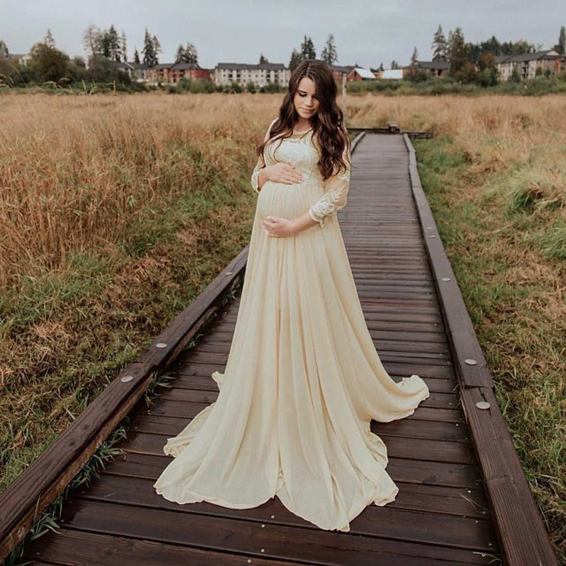 Chic Lace Stitching Maternity Shoot Jumpsuit With Chiffon Skirt For Photography Medium Sleeve Long Skirts Style 1155 From Hxhgood 30.98 DHgate.Com