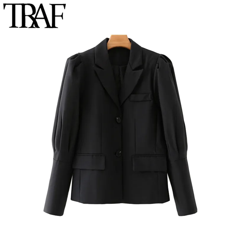 TRAF Women Fashion Single Button Blazer Coat Vintage Gigot Sleeve Pockets Female Outerwear Chic Tops 210415