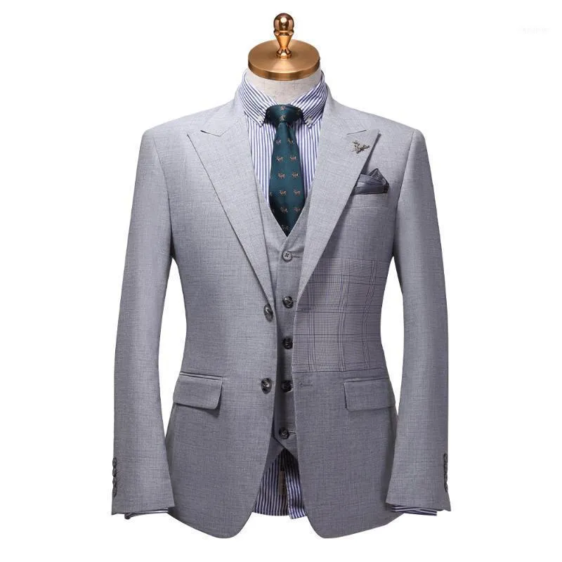 Men Suit Grey Plaid Suits 2021 Spring Autumn Gray Mens With Pants For Wedding Groom Office Business Formal Clothing 561