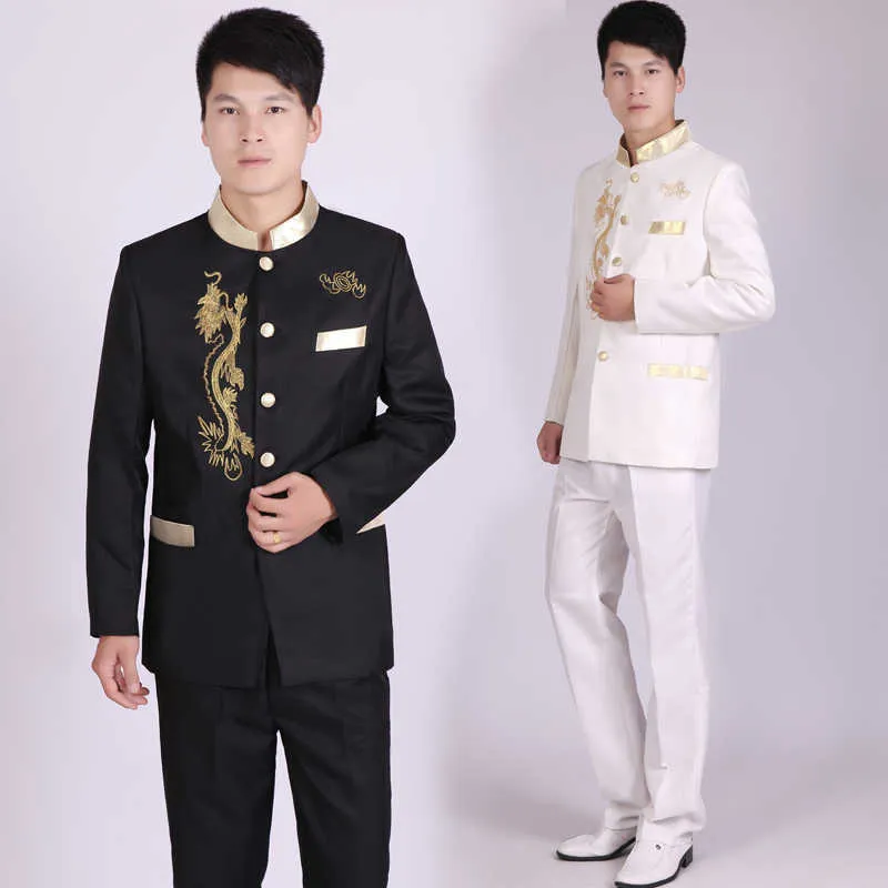 Chinese style Embroidery Male Suits Black White Blazers Prom Party Stage Outfit Formal Singer Chorus Costume Wedding groom Suits X0909