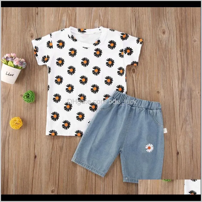 2020 Summer Baby Girl Clothing Sets Sunflower Printed T Shirt Top + Blue Denim Pants 1-5Y Kids Children Summer Casual Outfits