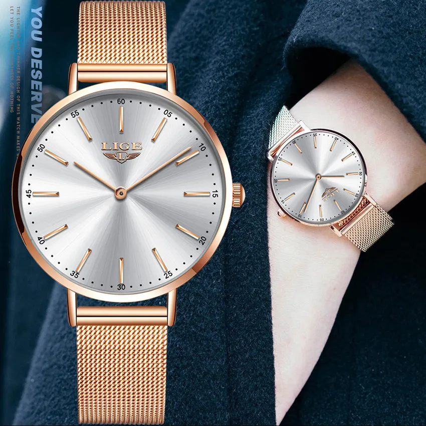 Lige Rose Gold Watch Kobiety Zegarki Ladies Creative Steel Women Bransoletka Zegarki Kobiet Wodoodporny Zegar Relogio Feminino 210517