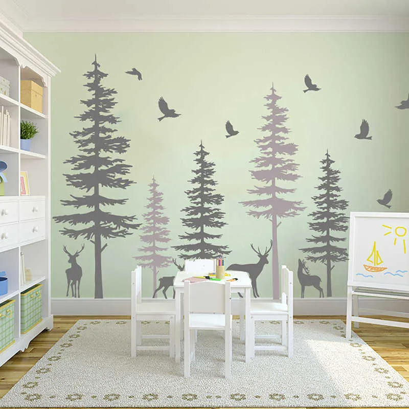 Large Pine Tree Deer Animal Wall Sticker Office Dorm Room Jungle Forest Deer Tree Birds Wall Decal Bedroom Nursery Vinyl Decor (3)