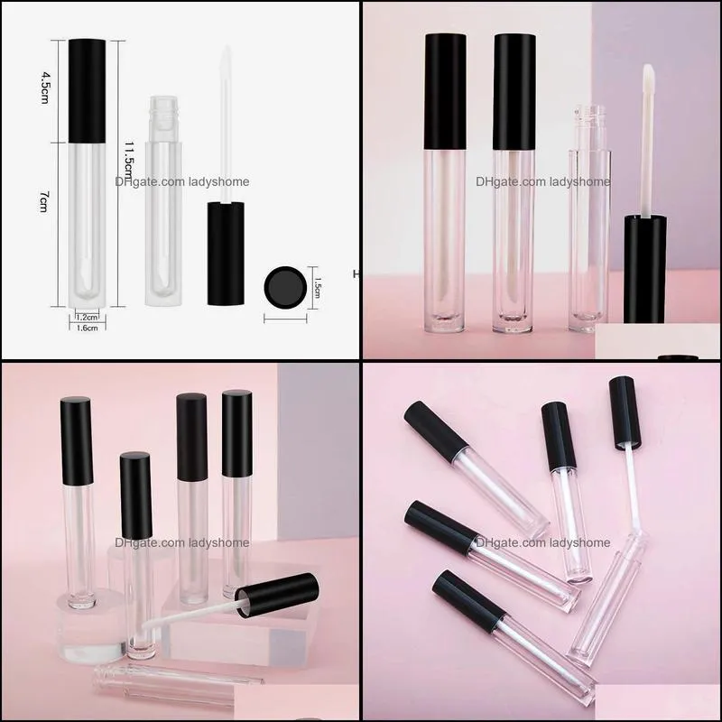 4ml Empty mini lip gloss containers bottles transparent round travel size refillable plastic bottle with lipbrush black lid for