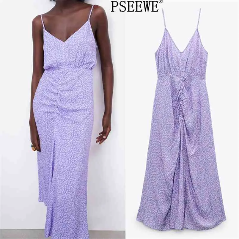 Dress Women Purple Print Draped Slip Summer Long Dresses Ruched Spaghetti Strap Sexy Backless Party Woman 210519