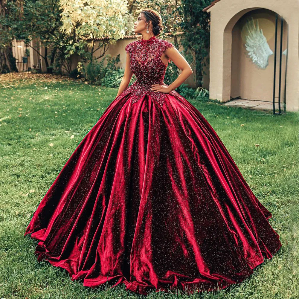 Burgundy Lace Ball Gown Wedding Dresses High Neck Beaded Bridal Gowns Plus Size Appliqued Sweep Train Satin Vestido De Novia