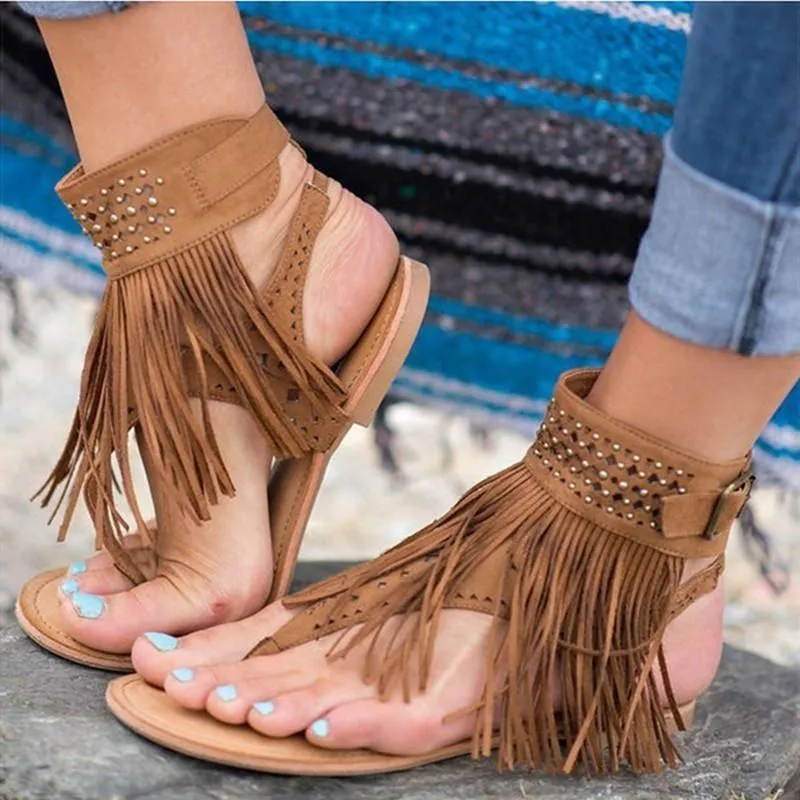Kadın Ayakkabı Yaz Sandalet Gladyatör Flip Flops Püskül Düz Plus Boyut 35-43 Sandalia Feminina