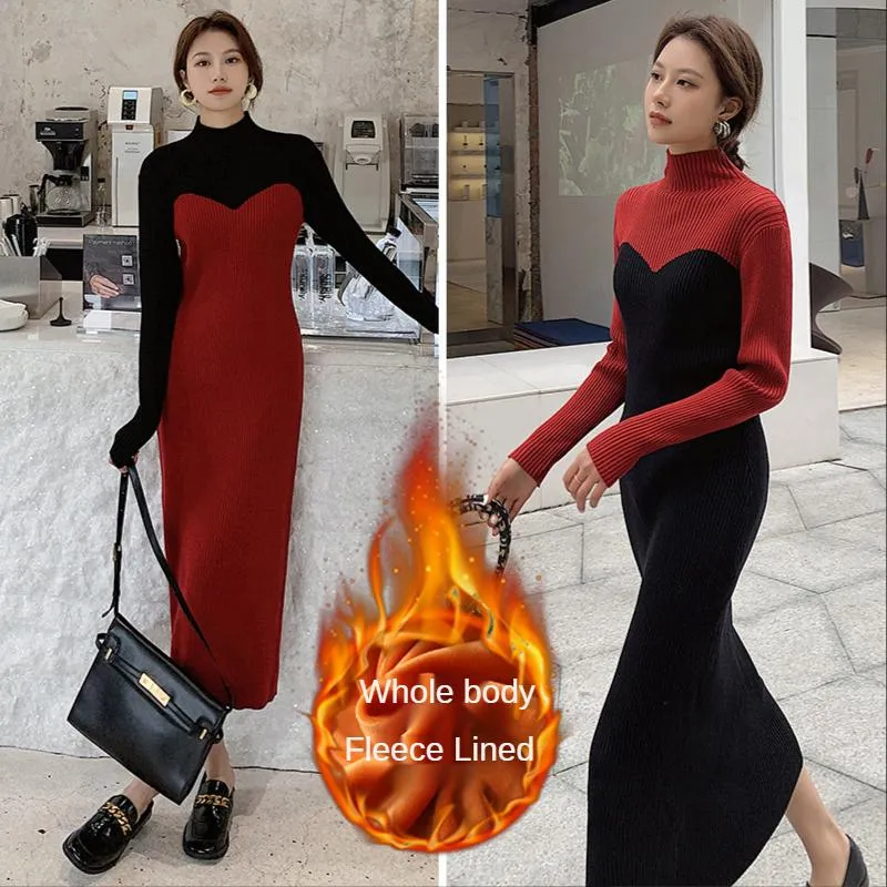 Casual Kleider Koreanische Mode Winter Frauen Gestrickte Oversize Rollkragenpullover Rot Schwarz Patchwork Fleece Warme Damen Kleid Mit Korsett E G