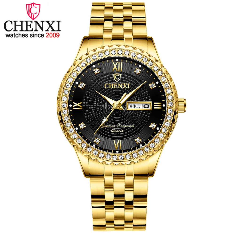 Chenxi Luksusowy Rhinestone Złoty Zegarek Ze Stali Nierdzewnej Mężczyźni Business Quartz Clock Wodoodporne Zegarki na rękę Relogio Masculino Q0524