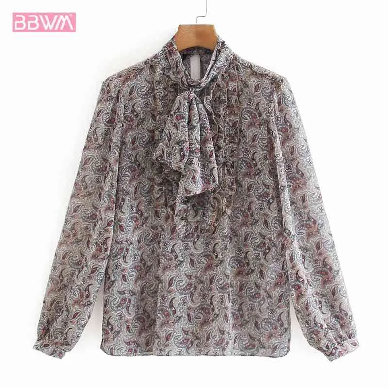 Sweet Bow Tie Long Sleeve Women's Chiffon Shirt Retro Fashion Printing with Buttons Female Chic Tops 210507