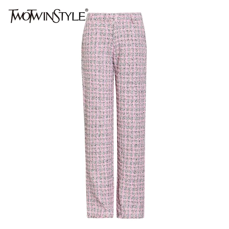 Pantaloni dritti rosa plaid per le donne a vita alta casual allentato largo pantaloni a gamba femminile abbigliamento moda 210521