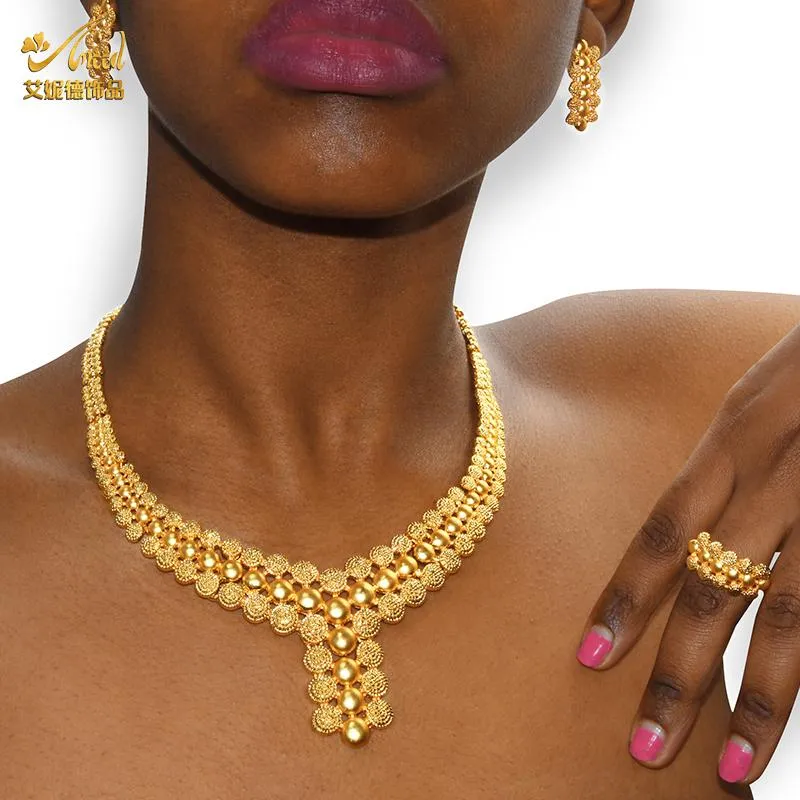 Ohrringe, Halskette, nigerianisches Hochzeitsschmuck-Set, vergoldet, Dubai, afrikanische Halsreifen, Ringe, modische Brautschmuck-Sets für Frauen