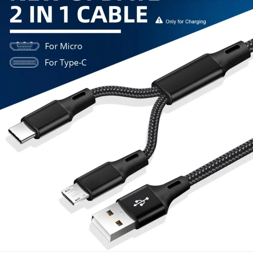 2 i 1 kablar Micro USB-typ C Kabel Snabb Laddare Tablet Telefonladdningskabel 2In1 Nylon Flätade Android USBC Laddningsledningar