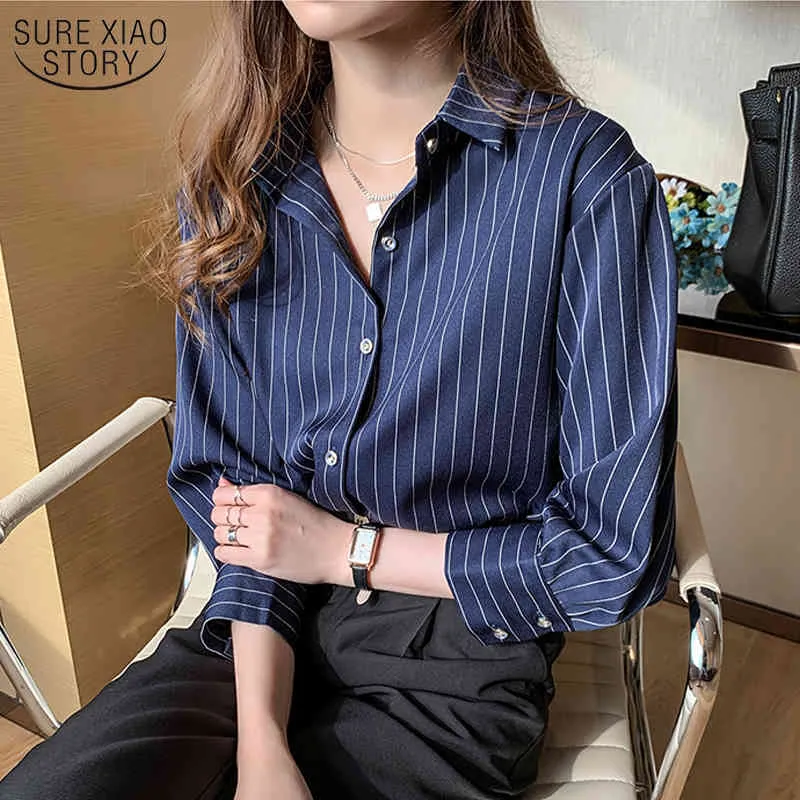 Sonbahar Uzun Kollu Kadın Gömlek Moda Kadın Bluzlar Çizgili Bluz Ofis İş Giyim Retro İş 10688 210508