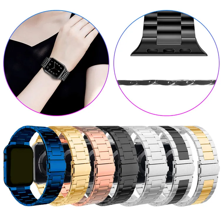 304 Ze Stali Nierdzewnej Bransoletka Metalowa Pasek Do Zegarek Apple 44mm 42mm 40mm 38mm Zespół Trzy Koraliki Watchband Iwatch Series SE 6 5 4 3 Opaski Smart Akcesoria