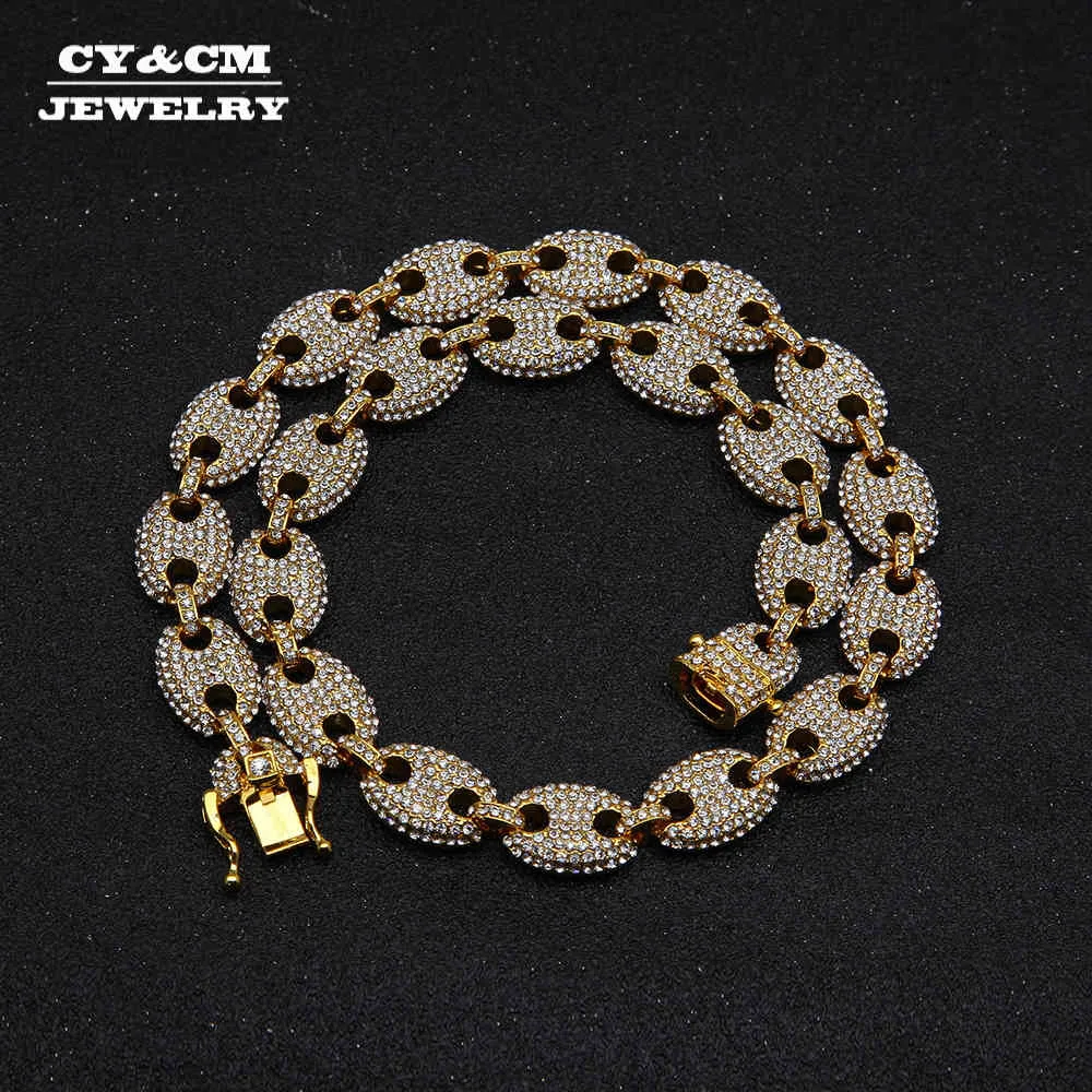 Liga Rhinestone Hip Hop Colar Gelado para fora CZ Café Feijão Nariz Charme Link Punk Gargantilha Corrente Bling Jóias Colares para Mens X0509