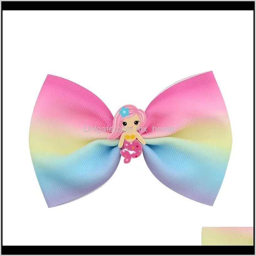 korean style girl hair bows acrylic mermaid cartoon unicorn ribbon printed colorful boutique bows kids hair accessories children