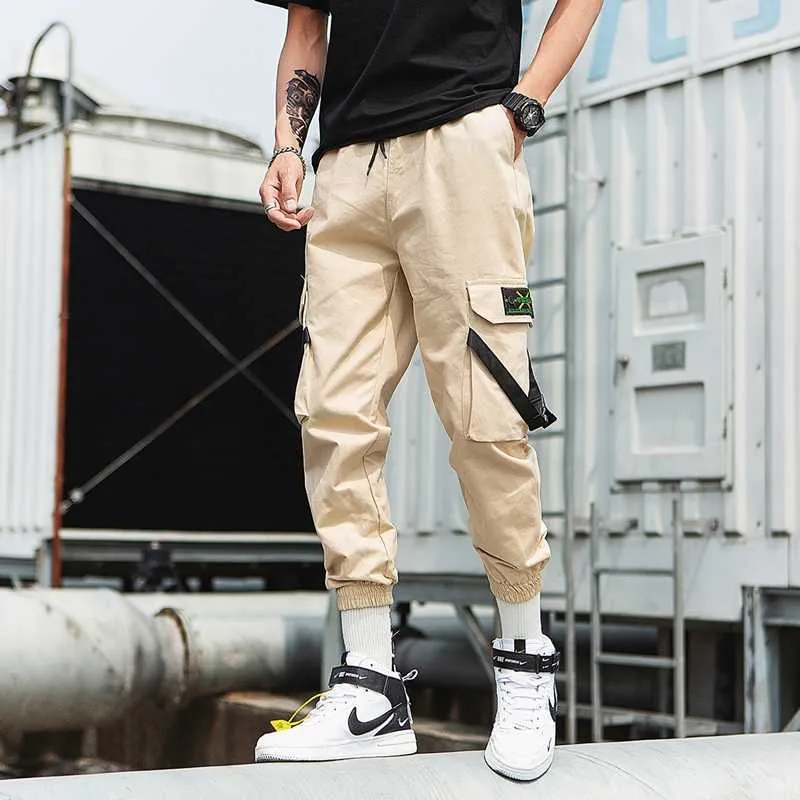 2021 New Style Casual Pants Men Cotton Streetwear Hip Hop Black Mens Joggers Pants Multi-Pockets Man Trousers X0723