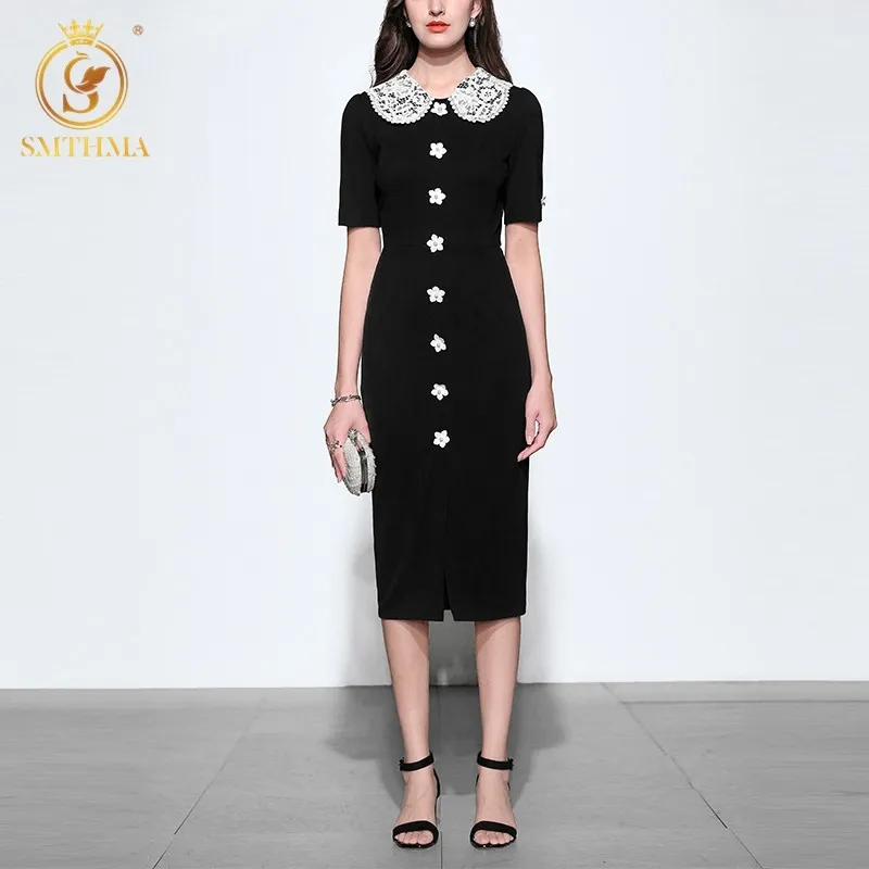 Haute Qualité est Fashion Designer Runway Dress Black Summer Women's Short Sleeve Lace Patchwork es 210520