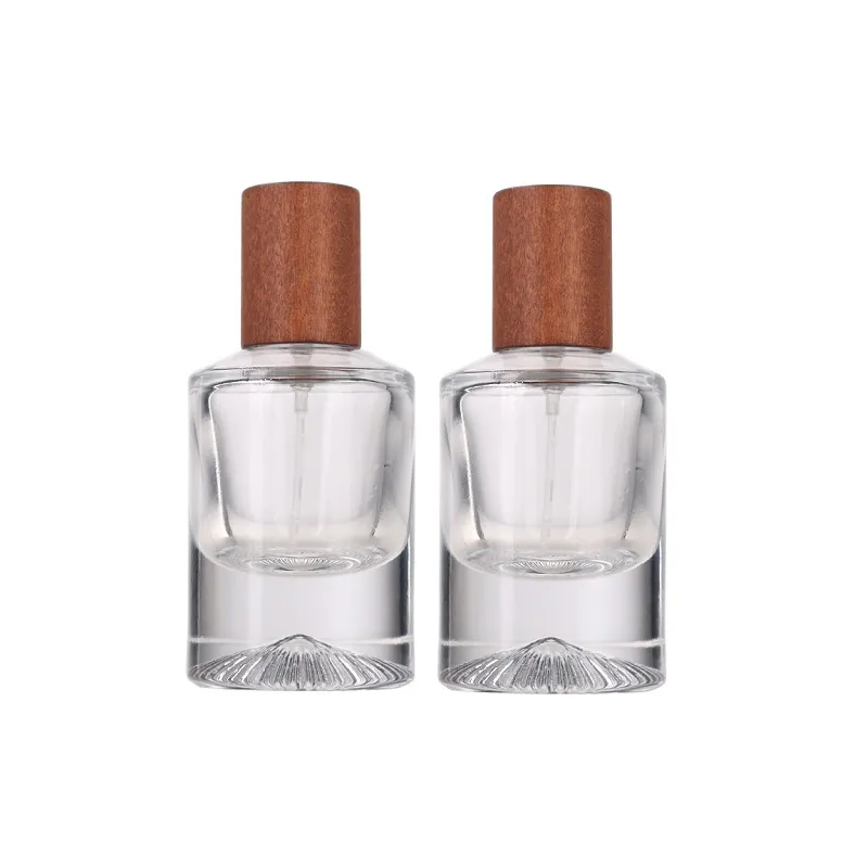 30ml Empty Thick Bottom Clear Perfume Spray Glass Bottle Bayonrt Lock Pump Wooded Lid Round Cosmetic Packaging Refillable Vials