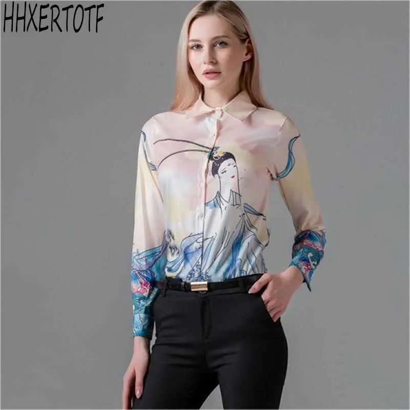 Primavera verão moda mulheres camisa casual gire para baixo blusa de colarinho feminino manga comprida padrão impresso camisas 210531