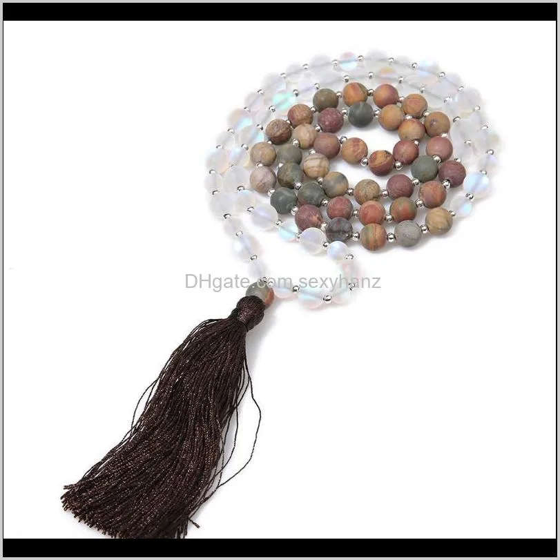 8mm natural stone handmade beaded tassel meditation yoga blessing amulet pendant moonstone necklace