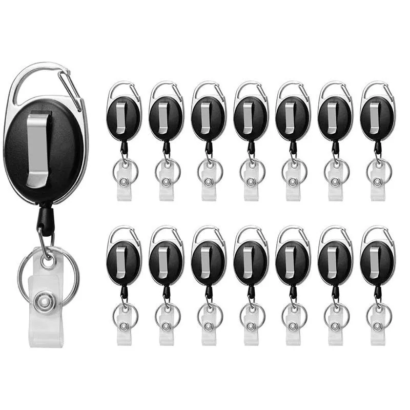 Support de badge rétractable Keychains, porte-carte Noir avec porte-clés de mousqueton, paquet de 15
