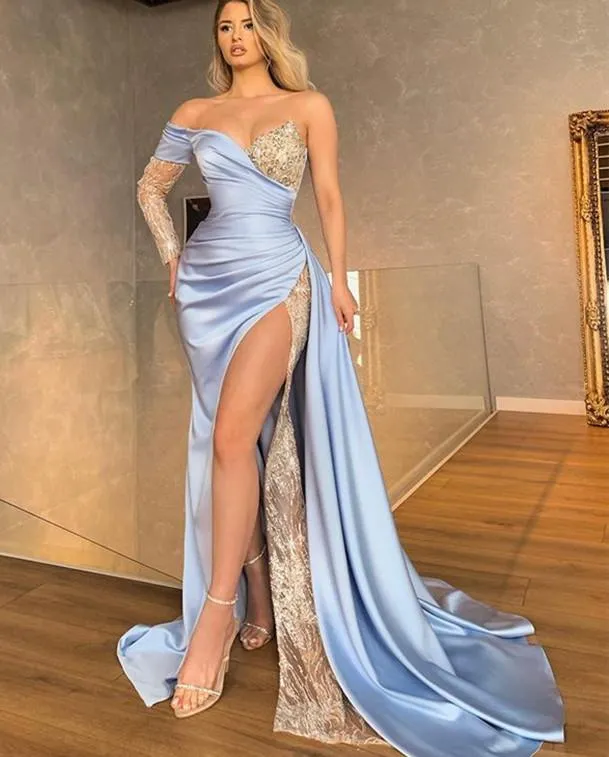 2022 Sexy Light Blue Sexy Mermaid Prom Dresses One Shoulder Illusion Silver Sequined Crystal Lace Side High Split Evening Gowns Plus Size Formal Party Dress